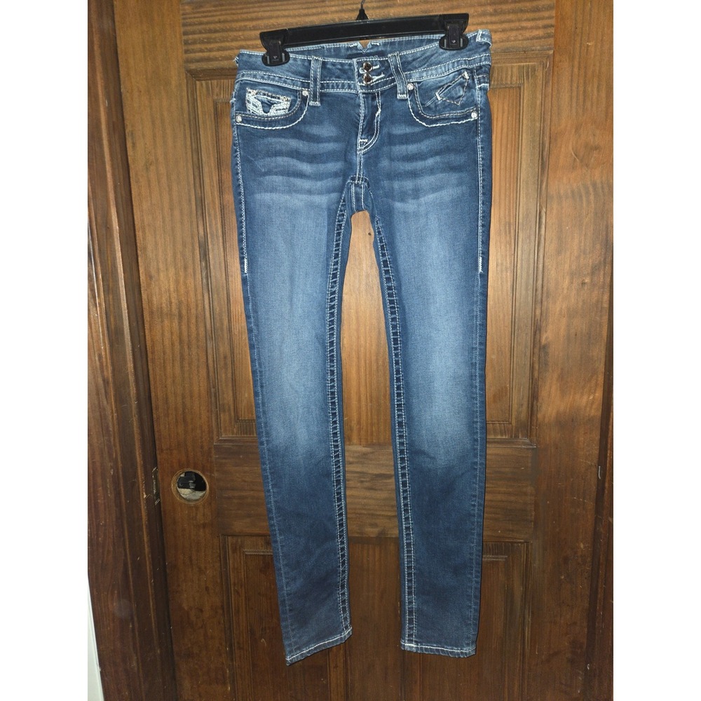 Vigoss Women Skinny Jeans Medium Wash Thick Stitch Embroidered Pocket Size